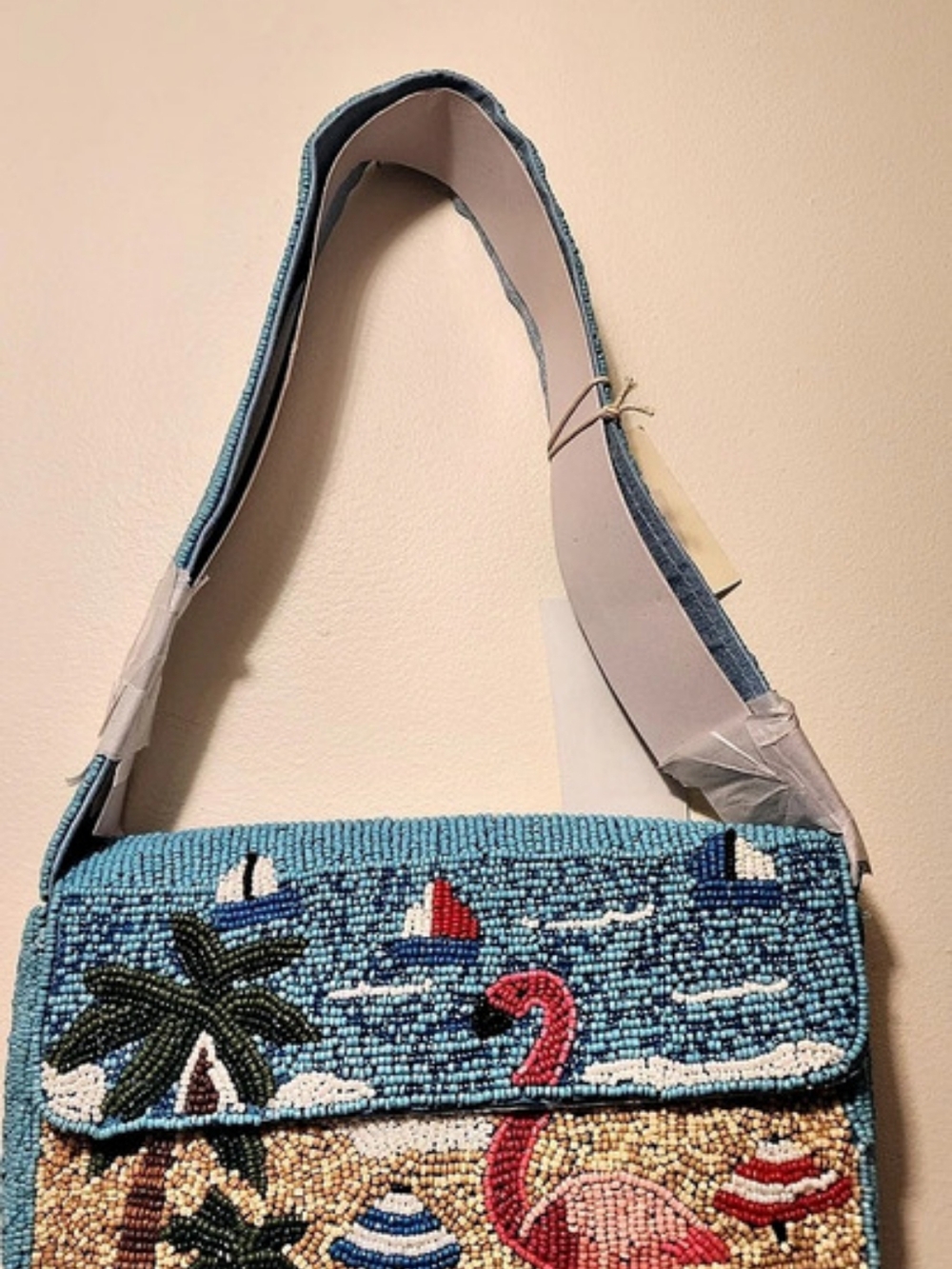 Collection XIIX Beaded Flamingo Beach Scene Shoulder Bag Blue & Pink